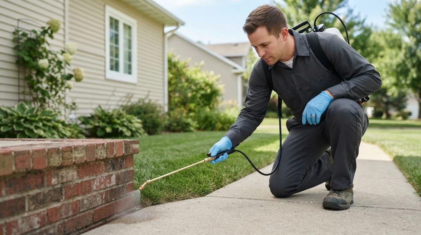Pest control technician treating a home near Saint George, KS